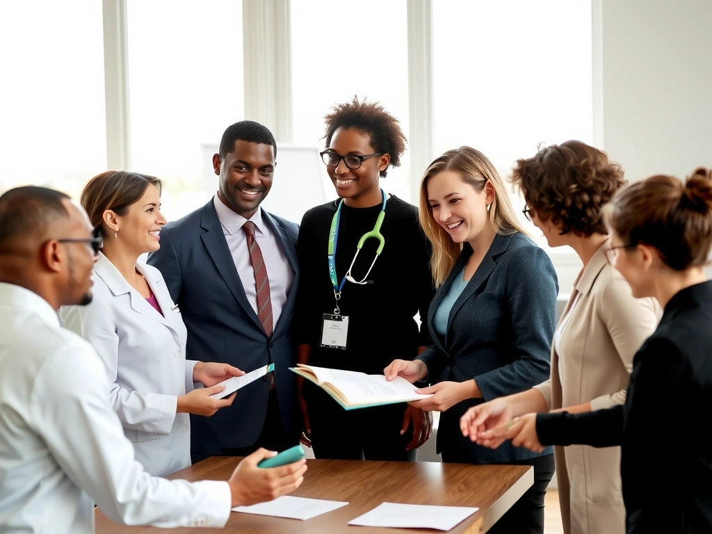 O echipă diversă de experți în nutriție și sănătate, zâmbind și colaborând într-un mediu luminos și modern.