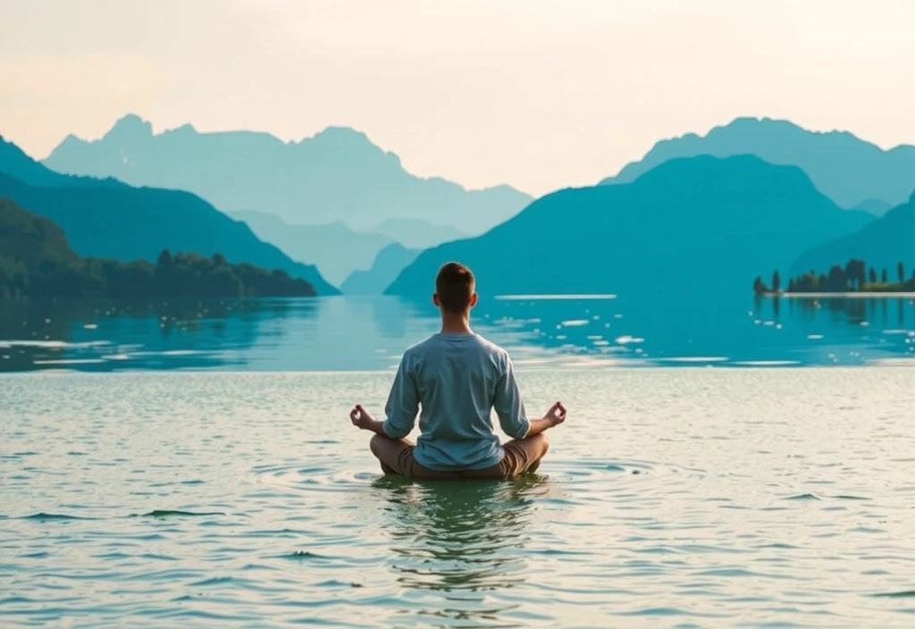 Persoană meditând într-un peisaj liniștit cu apă și munți, simbolizând calm și echilibru mental.