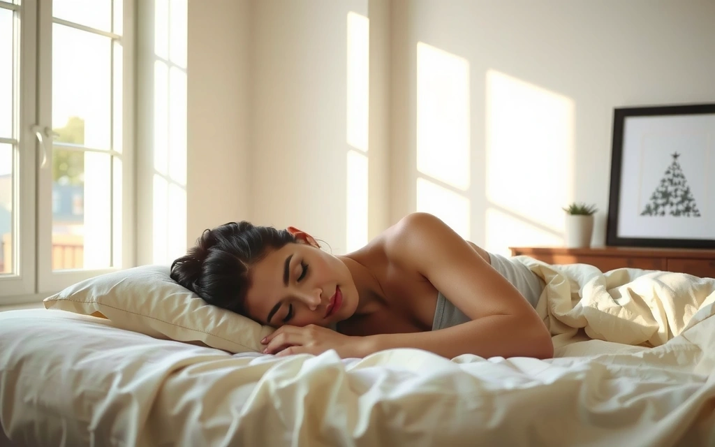 Persoană dormind liniștit într-un pat confortabil, cu lumina dimineții filtrând prin fereastră, simbolizând un somn odihnitor.