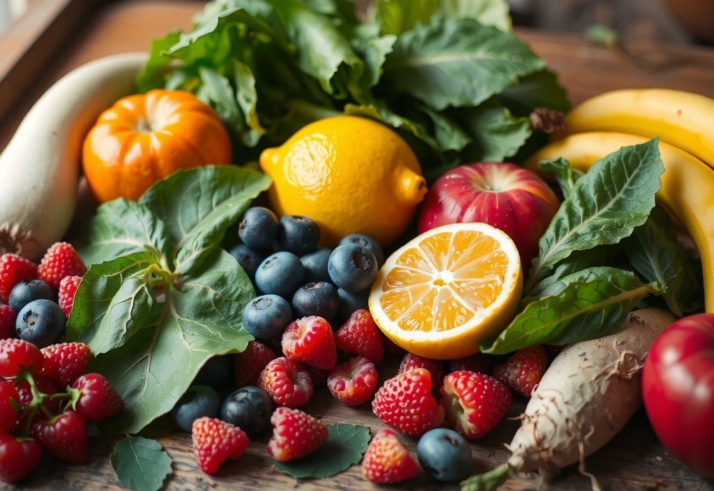 Varietate de fructe și legume proaspete pe o masă de lemn, simbolizând o dietă echilibrată.