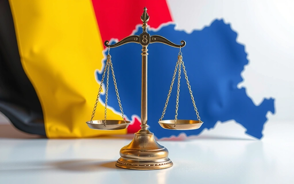 Ilustrație cu o balanță a justiției și harta României, simbolizând legea aplicabilă